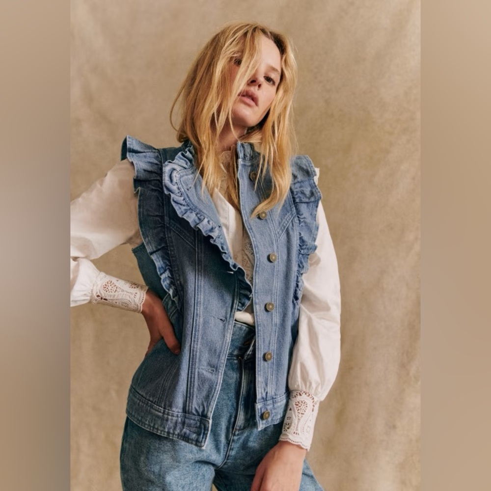 Sézane Faye Blue Ruffled Denim Jean Vest Jacket~XS